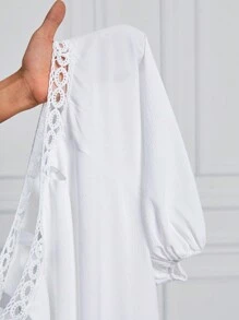 SHEIN Lady 春夏优雅波西米亚风白色编织露肩主教袖不对称长袖大码连衣裙长袍白色连衣裙