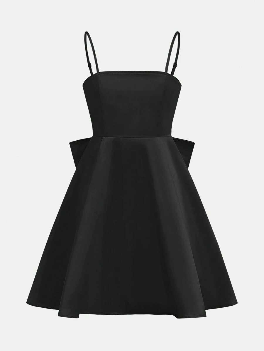 SHEIN Girlism Tween Girl 优雅休闲纯色编织吊带背心连衣裙 - 黑色 - 查看 1