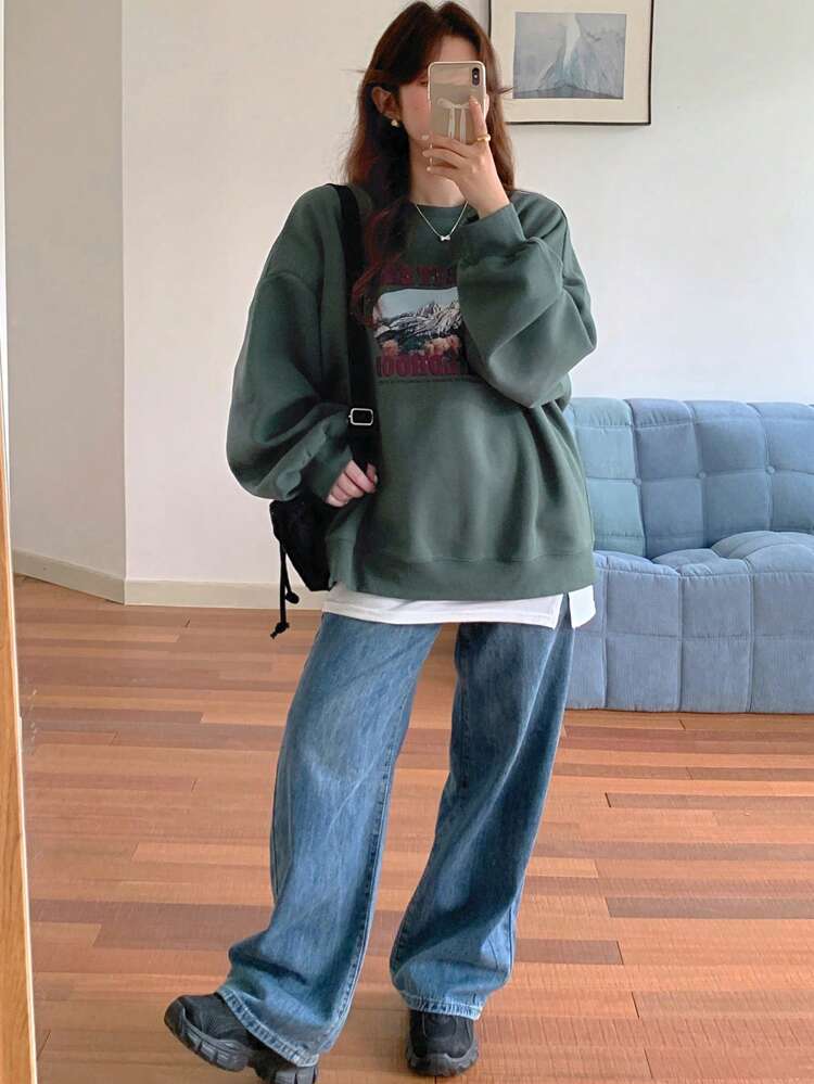 Women's Casual Letter Printed Crew Neck Thermal Lined Sweatshirt,Fall Clothes