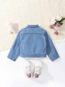 Toddler Girls Street Chic Turndown Collar Short Casual Embroidered Washed Denim Jacket - Medium Wash - View 2