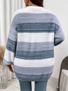 SHEIN Clasi Plus Size Winter Warm Fluffy Blue And White Loose Knit Cardigan, Suitable For Home, Going Out, Vacation, And Workwear Fall - Multicolor - View 2