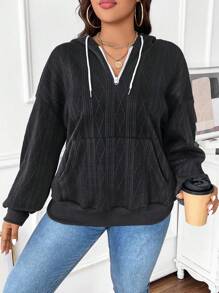 Calvaya Áo nỉ chui đầu dáng rộng, phối màu tương phản, khóa kéo nửa thân, chất liệu dệt kim, dành cho mùa thu. - Màu xám đen - Xem 6