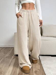 SHEIN EZwear Women's Apricot Color Cordury  Wide Leg Pants,Autume / Winter - Khaki - View 4