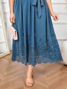 Modelyn Plus Size V-Neck Half Sleeve Waist Tie Pleated Elegant Dress - Blue - View 6