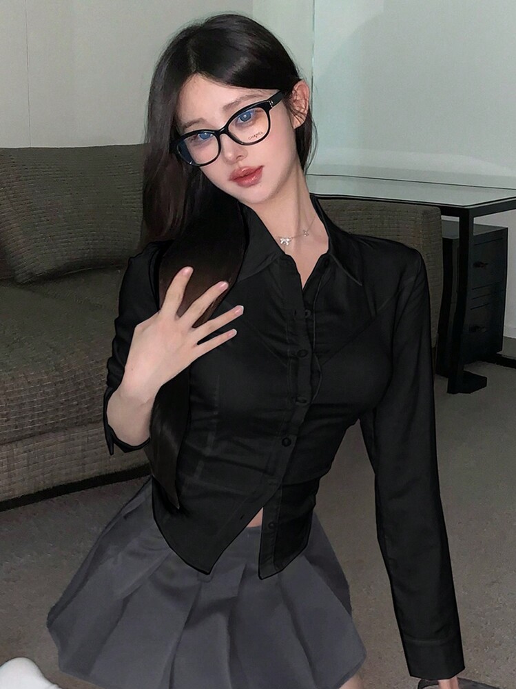 DAZY 女士休闲纯色修身长袖衬衫，春秋装，秋季女装 - 黑色 - 查看 1