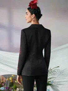 KATHARSIS Frida Kahlo X SHEIN X Designer 商务休闲尖头翻领花朵印花修身西装外套，适合节日、感恩节、春季、节日、办公室 - 黑色 - 查看 2