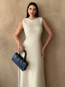 SHEIN Essnce Women's Slit Sweater Dress Country Dress Summer Women Dresses Wedding Women Dresses Knit - Apricot - View 3