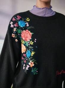 Frida Kahlo X SHEIN 女士休闲花卉图案宽松针织毛衣，秋冬 - 黑色 - 查看 7