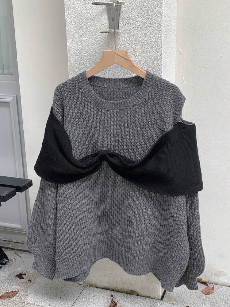 Women Open Shoulder Color-Block Lantern Sleeve Sweater Fall