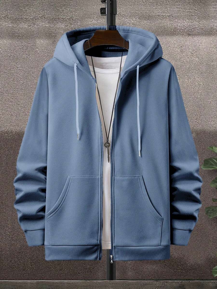 RueChic Sudadera con capucha de algodón de un solo color para hombre con bolsillo, sudadera con cremallera de manga larga