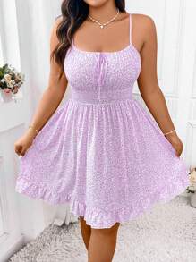Flirla Đầm hai dây buộc eo họa tiết hoa cúc Boho cỡ lớn cho nữ trang phục đi biển mùa hè - Màu tím hoa cà - Xem 6