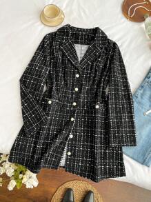 SHEIN Privé 大码女式仿珍珠纽扣装饰长袖夹克 - 黑與白 - 查看 10