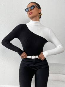 Firerie 女士拼色高领长袖毛衣 - 黑與白 - 查看 1