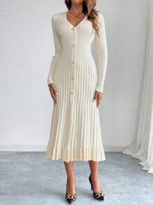 Firerie 女士深 V 领长袖纽扣合身褶皱优雅连衣裙 - 杏色 - 查看 3