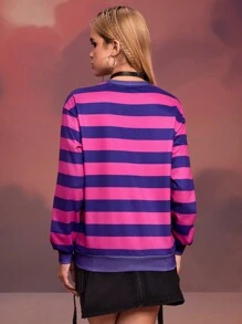 SHEIN X Care Bears Designer Women's Street Style Loose Long Sleeve Drop-Shoulder Stripe Pattern Rhinestone Printed Sweatshirt Casual Daily Wear Fall Top, Holiday, Thanksgiving, Winter, Spring, Going Out, Festival