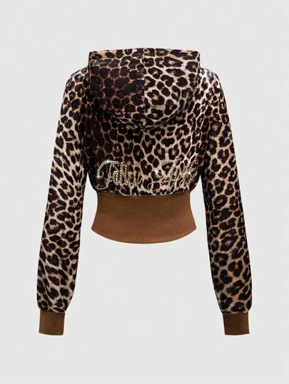 J-Fashion Vintage Rhinestone Embellished Velvet Leopard Print Hooded Sweatshirt Sweatshirt For Women,Long Sleeve Tops