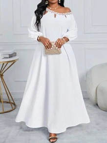 SHEIN Lady 春夏优雅波西米亚风白色编织露肩主教袖不对称长袖大码连衣裙长袍白色连衣裙