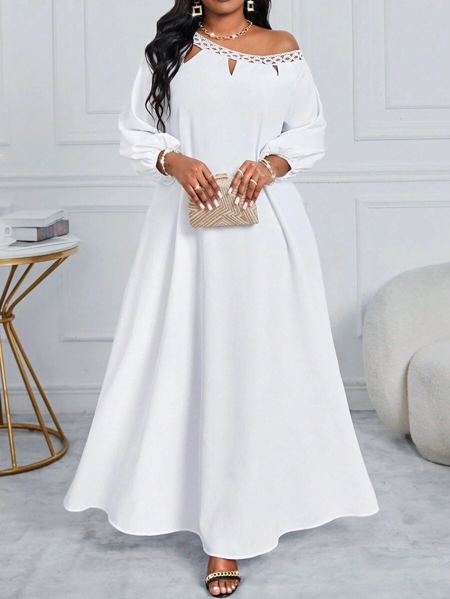 SHEIN Lady 春夏优雅波西米亚风白色编织露肩主教袖不对称长袖大码连衣裙长袍白色连衣裙