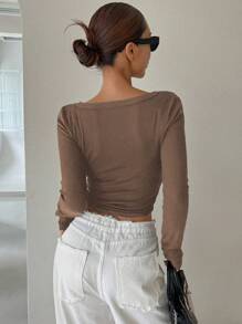 DAZY V-Neck Half Placket Button Curved Hem Fitted Long Sleeve Women T-Shirt