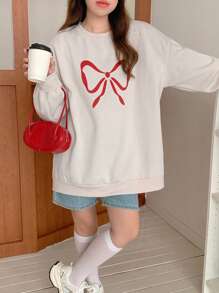 DAZY Women's Round Neck Knit Sweatshirt With Bow Design,Fall Clothes - Beige - View 4