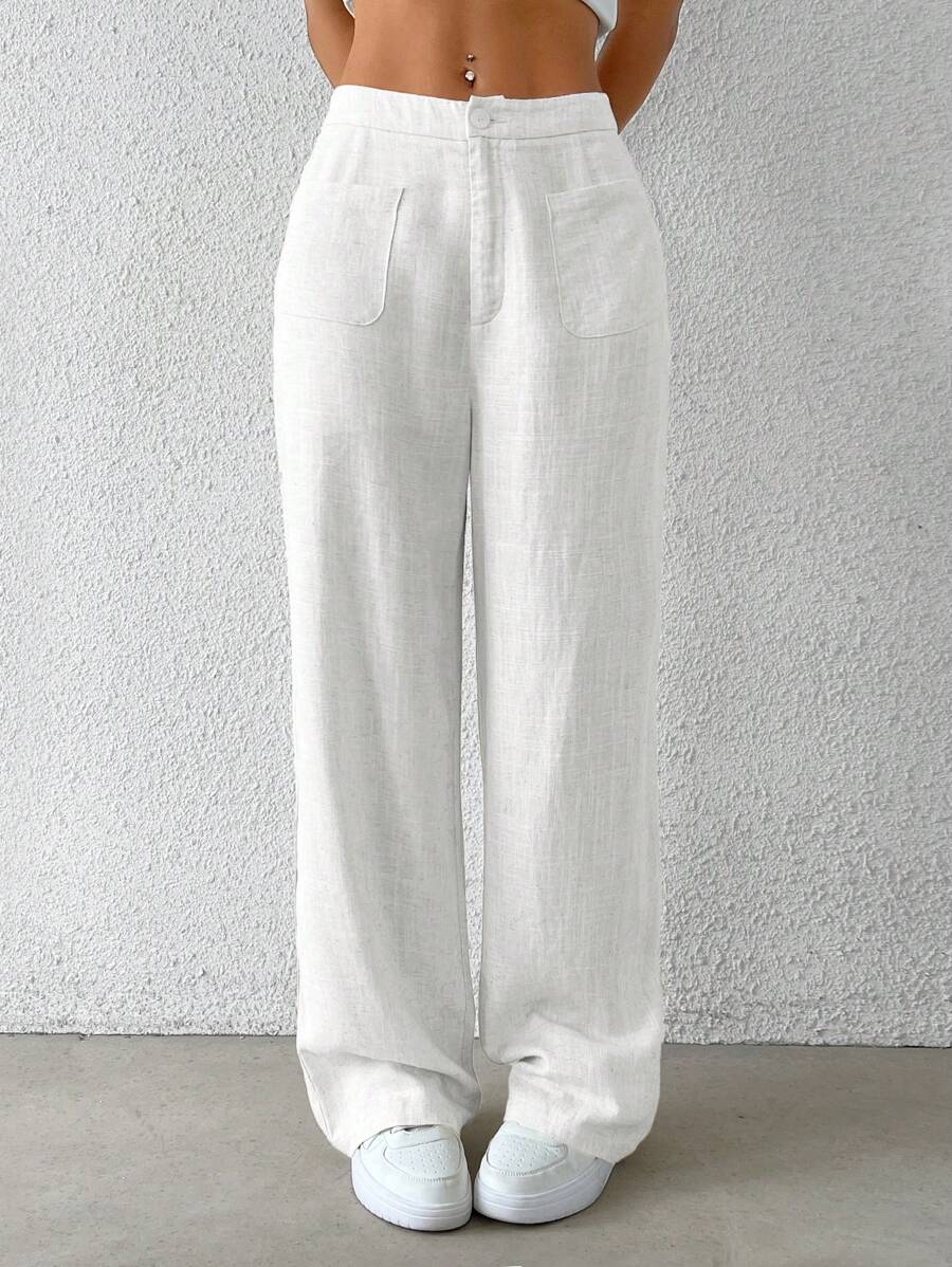 SHEIN EZwear Women's Button Pocket Fashion Straight Leg Casual Street Wear Woven Trousers - White - View 1