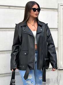 EURMUSE Plus Zip Up PU Leather Moto Jacket - Black - View 6