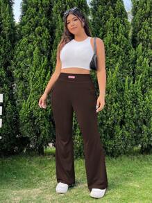 SHEIN EZwear 女式加大码口袋针织弹力喇叭裤 - 棕色 - 查看 3