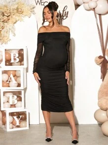 Loomaby Maternity Gender Reveal Dress Off-Shoulder Long Sleeve Ruched Elegant Dress For Baby Shower Party