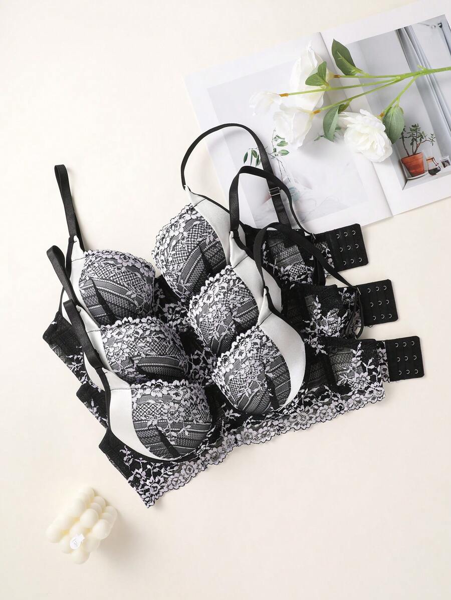 3pcs/Set Lace Underwire Lingerie Bras For Women - Black and White - View 1