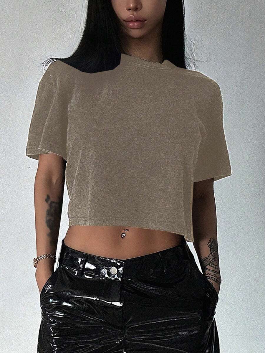 DAZY 女士休闲短款 T 恤，夏季 - 棕色 - 查看 1