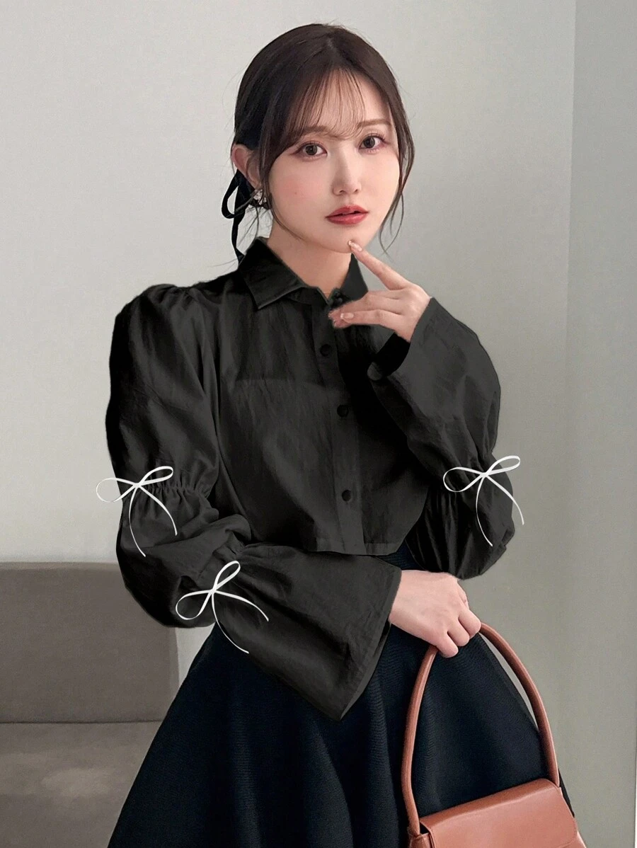 FRIFUL 女士时尚蝴蝶结装饰喇叭袖短款衬衫，春秋长袖上衣