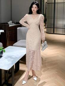Vestido de encaje con cuello en V y envolvente para mujer, vestido de fiesta de cumpleaños, con volantes, vestido largo de manga larga elegante para mujer - Blanco - Ver 8