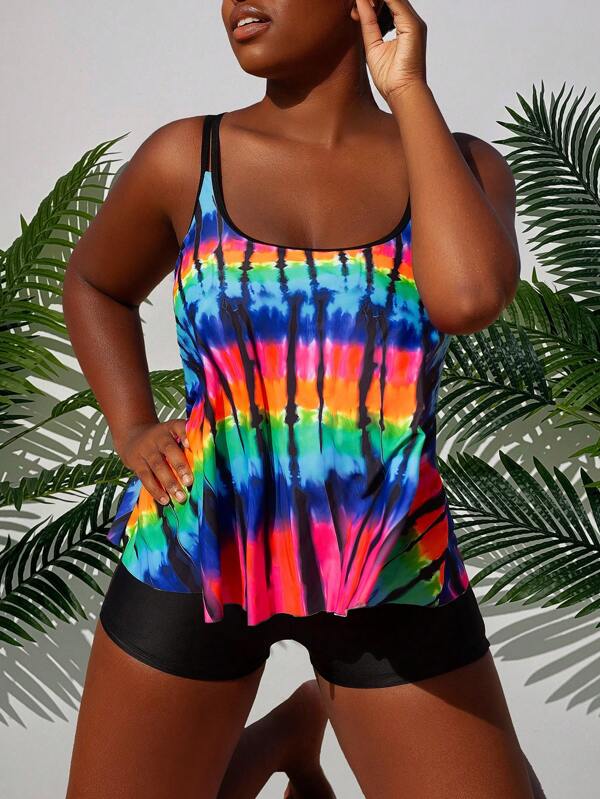 SHEIN Slayr Women Batik Print Spaghetti Strap Top And Bikini Bottom 2-Piece Tankini Set Summer