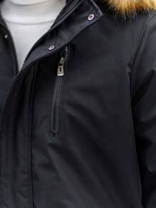 Manfinity Homme Men Hooded Fuzzy Zip-Up Long Sleeve Casual Street Wear Coat, Winter Clothes - Black - View 7