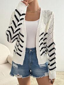 SHEIN LUNE Women's Spring/Autumn Casual Colorblock Striped Hollow-Out Knitted Cardigan - White - View 3
