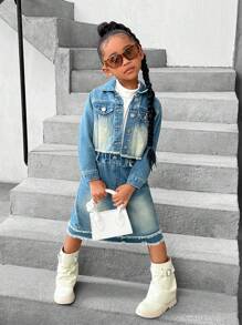Girls' Distressed Denim Jacket And Skirt 2-Piece Set - Medium Wash - View 10