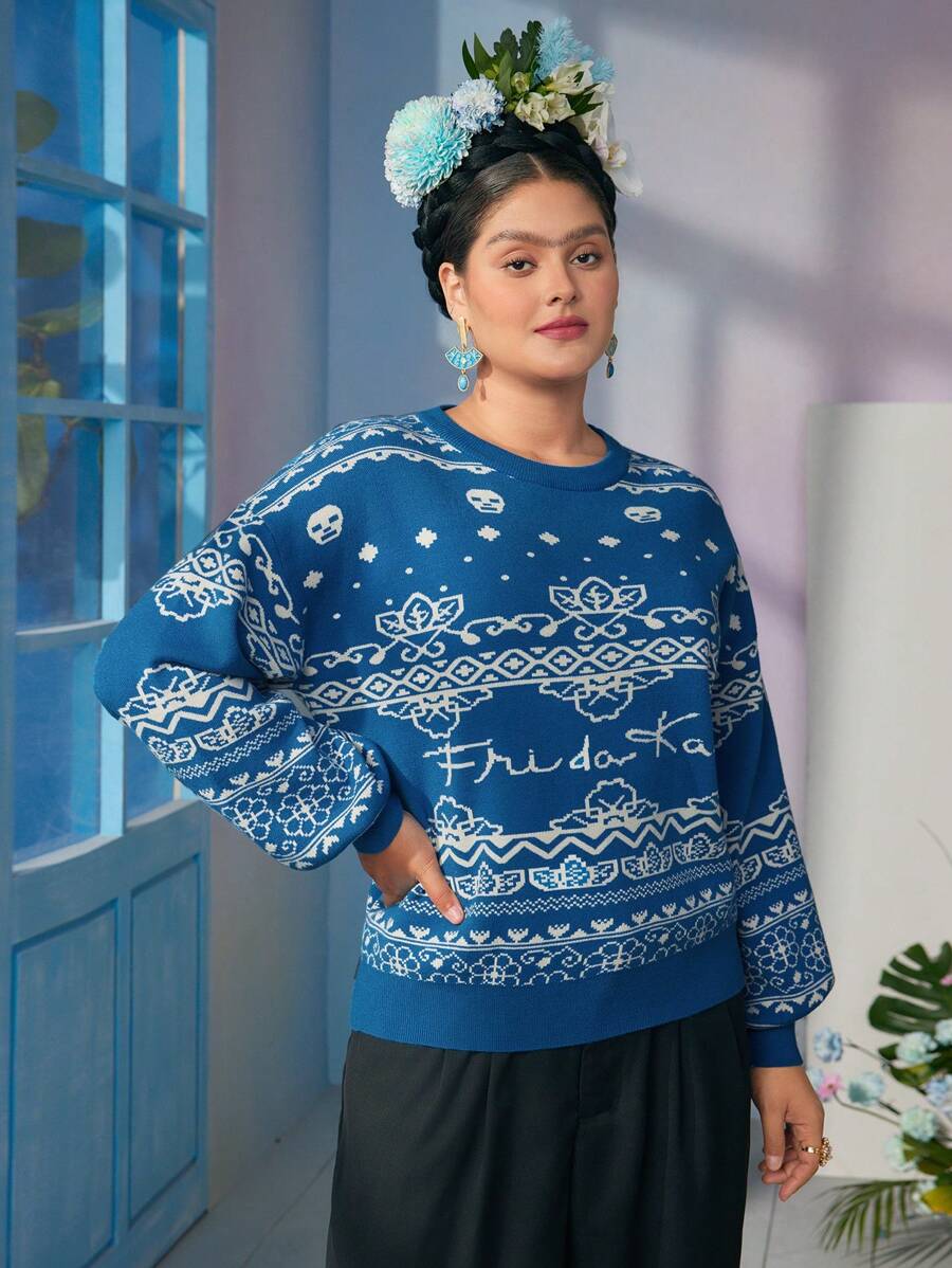 Frida Kahlo X SHEIN Suéter de punto clásico azul de cuello redondo suelto y suave en talla grande - Azul - Ver 1