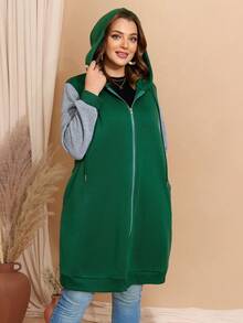 EMERY ROSE Plus Size Fuzzy Women Contrast Color Hooded Long Sleeve Jacket,Fall Women Clothes - Dark Green - View 6