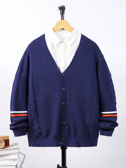 SHEIN 青少年男孩休閒彩塊編織帶針織開衫，長袖V領毛衣，簡約百搭的大學風格