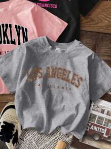 SHEIN EZwear Áo thun crop top tay ngắn cổ tròn họa tiết tên địa danh tối giản cổ điển CALIFORNIA, phù hợp cho mùa hè - Nhiều màu - Xem 3