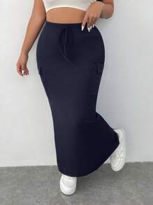 SHEIN EZwear 大码女式休闲纯色工装裙 - 藏蓝色 - 查看 4