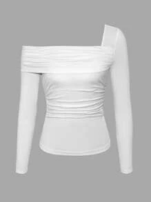 Chiquease Damen asymmetrischer Ausschnitt Langarm Passform Gerafftes Elegantes Charmantes Weiches T-Shirt - Schwarz und Weiss - Übersicht 7