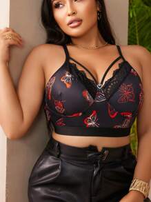 Plus Size Women Butterfly Print Lace Patchwork Bra - Black - View 1