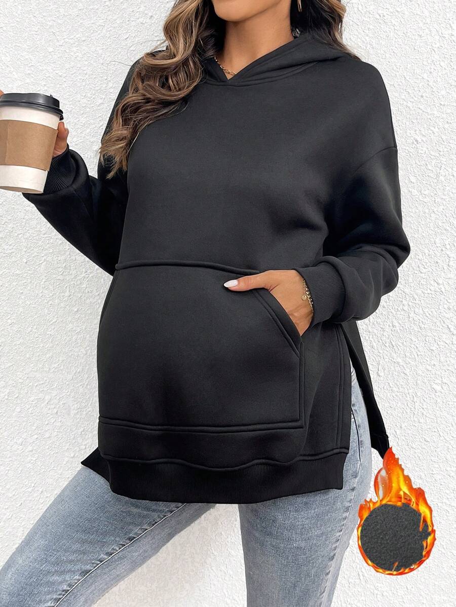SHEIN Maternity Kangaroo Pocket Drop Shoulder Split Hem Sweatshirt With Long Sleeve, For Winter - Black - View 1