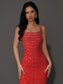 Modphy 新款女式红色奢华钻石无袖性感方领紧身长款正式婚礼派对礼服 - 紅色 - 查看 4