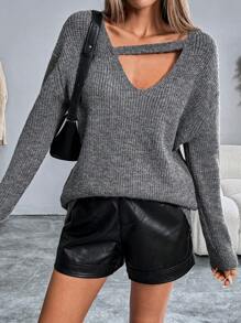 Chiquease V-Neck Patchwork Slash Knitted Pullover Sweater  Fall Winter Outfit