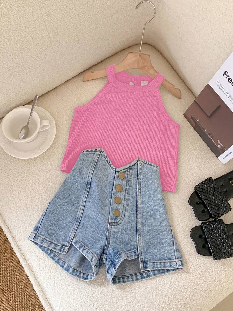 SHEIN Young Girl Fashion Setting Outfit Tailored For Stylish Young Ladies To Stand Out. A Striking Black Halter Top Paired With Specially Designed Denim Shorts Exudes Casual Elegance And Urban Charm. The Halter Top Adds A Touch Of Refinement And Allure, Accentuating A Beautiful Neckline And Providing A Flattering Fit. - Hot Pink - View 1