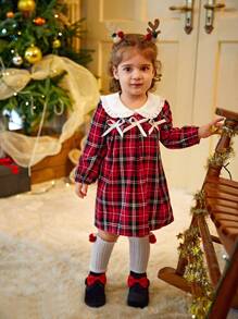 Baby Girls Cute Plaid Ruffle Collar Christmas Dress Clothes, For Spring & Autumn - Red - View 7