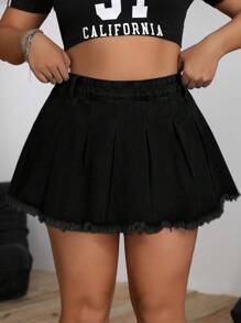 SHEIN ICON Váy mini denim đơn giản màu trơn cỡ lớn cho nữ, mặc mùa hè - màu đen - Xem 3