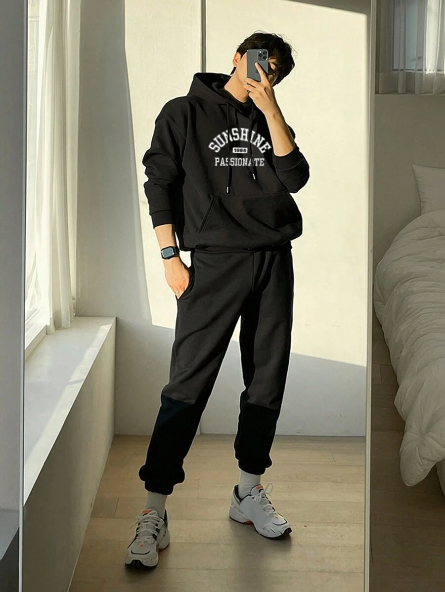 DAZY Men's Letter Print Hoodie Sweatshirt And Sweatpants Black Set, Fall - Black - View 1